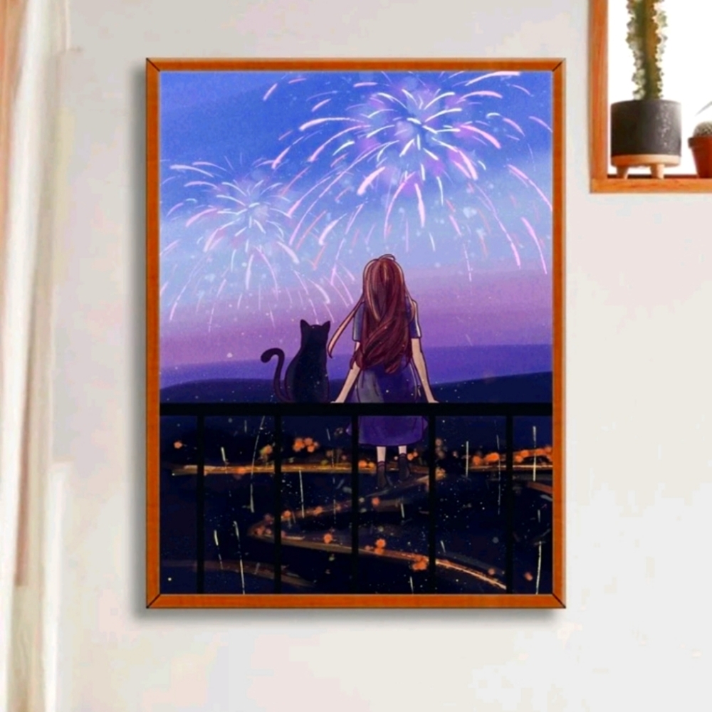 Diy cat and girl diamond painting